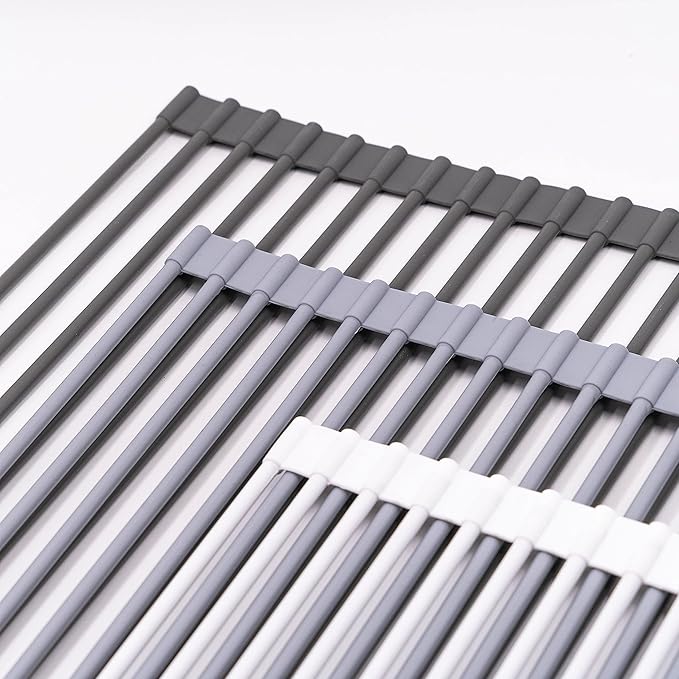 Bigdata&BetterLife Roll Up Dish Drying Rack Simple Large Space Saving Dish Drying Mat with Rack for Kitchen Foldable Silicone Coated Stainless Steel Heavy Duty Dry Rack (Gray, 20.5" x 13.1")