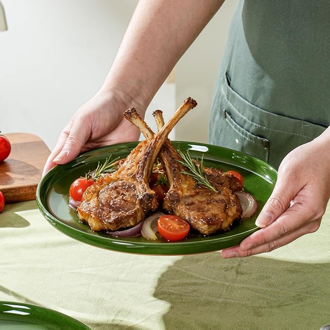Ceramic Dinner Plates, 10.25 Inch, Set for 4, Elegant Green | Flat Dish Design, Microwave & Dishwasher Safe, Perfect for Family and Entertaining, For Steak, Sandwiches, Pizza, Pasta
