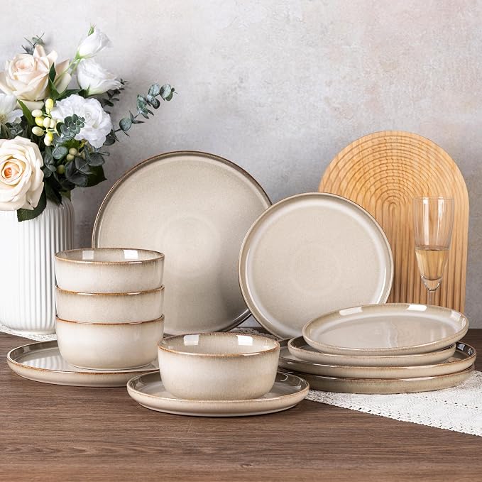 GBHOME Dinnerware Sets for 4, 12 Pieces Stoneware Plates and Bowls Sets, Scratch Resistant Ceramic Dishes, Dishwasher & Microwave Safe, Reactive Glaze-Almond Cream