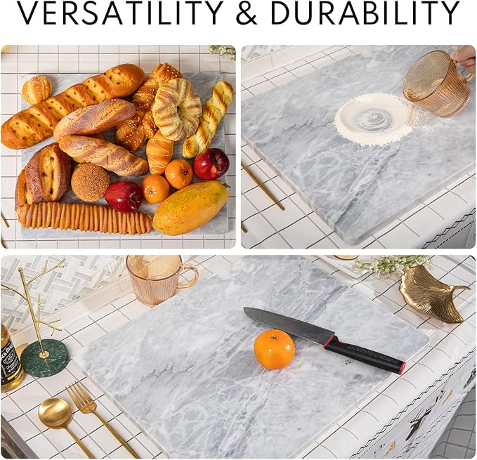 Lovdeco Marble Pastry Board, Board For Kitchen, Large Cloud White Marble Slab Gift With Non-Slip Feets, 16x20 Inch, 1 Piece