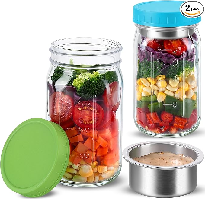 KTKUDY 2 Pack 32 oz Glass Salad Jars with Dressing Cups (Pod) - Meal Prep Salad Container for Lunch - Leakproof Mason Jars with Lids