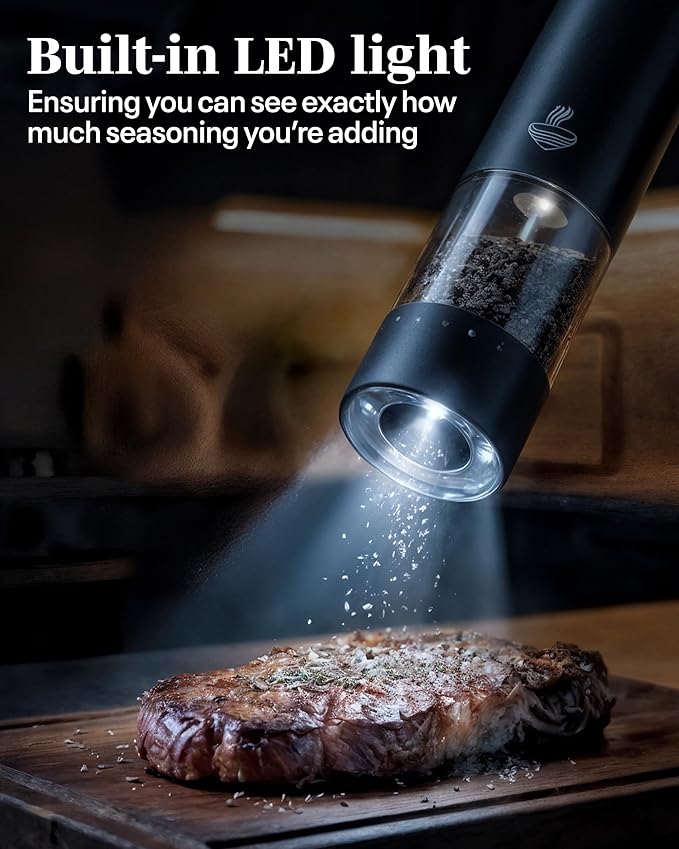 Electric Salt and Pepper Grinder Set - Black 2 Pack Battery Operated Mills with 95ml Large Capacity, Adjustable Coarseness, Built-in LED Light, Automatic Salt & Pepper Shakers for Kitchen