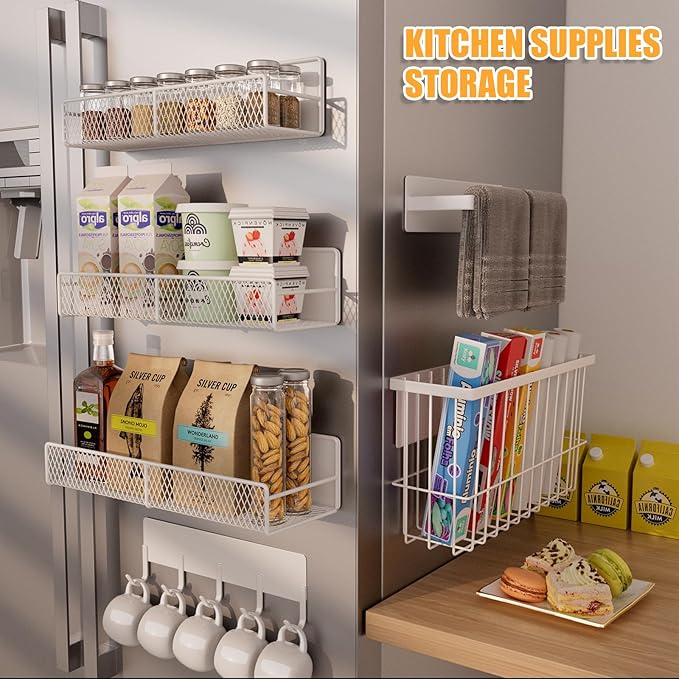 6 Pack Magnetic Shelves for Washing Machine, Magnetic Spice Rack Organizer for Refrigerator, Magnetic Shelf with Hanger Organizer, Metal Magnetic Basket, Laundry Organization and Storage, White