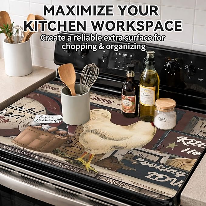 Decorative Stove Top Covers for Electric Stove 28"x20" – Heat Resistant Glass Cooktop Protector Dish Drying Mat – Non-Slip Rubber Backing Washer Top Cover Waterproof Extra Counter Space (Rooster)