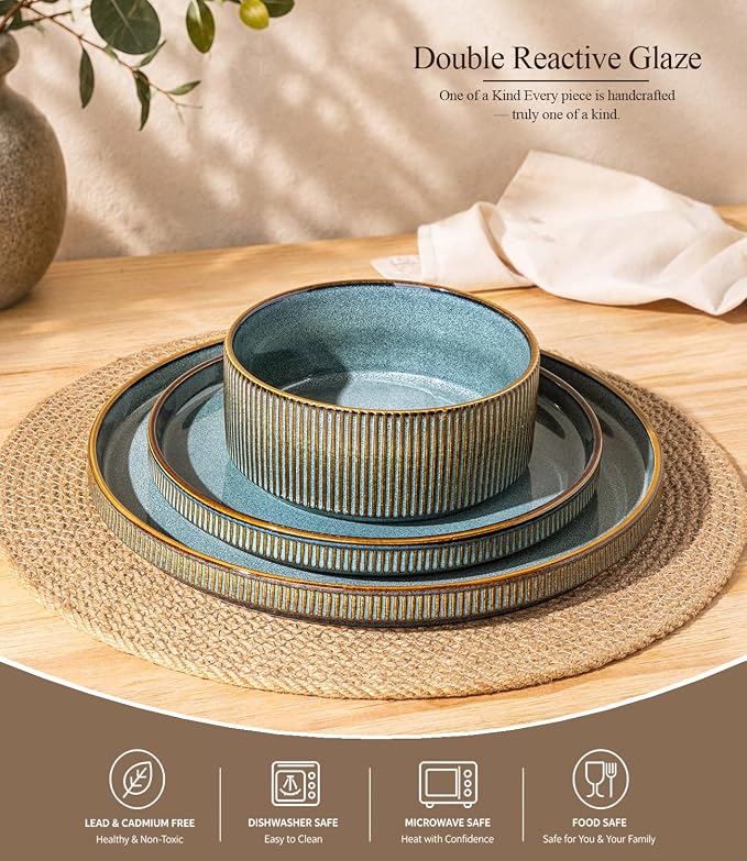 GBHOME 24-Piece Stoneware Dinnerware Set for 8 – Ribbed Ceramic Plates and Bowls, Scratch-Resistant, Microwave & Dishwasher Safe, Reactive Glaze-Space Blue