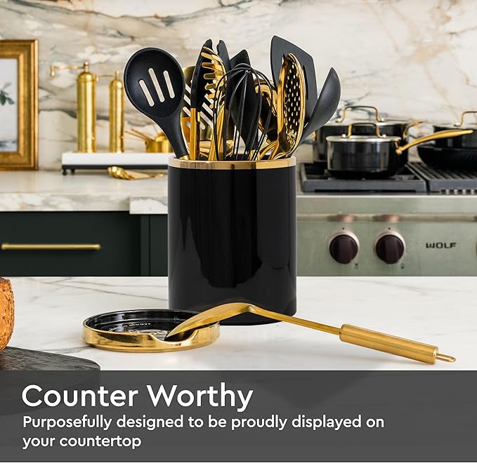 STYLED SETTINGS Black and Gold Utensil Holder with Built-in Spoon Rest - 2 PC Large Ceramic Utensil Holder Includes Black & Gold Spoon Rest - Luxury Kitchen Accessories - Utensils Not Included