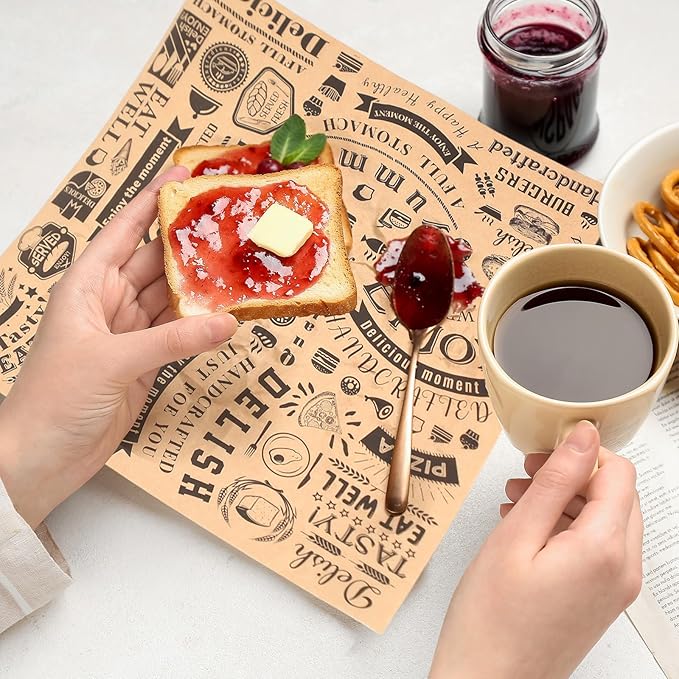 Marspark Deli Wax Paper Sheets 12 x 12 Inches Square Grease Resistant Tray Basket Liners Hot Dog Wrappers Newsprint Water and Grease Proof Sandwich Wrapping for Food Baking (Brown Black White,200 Pcs)