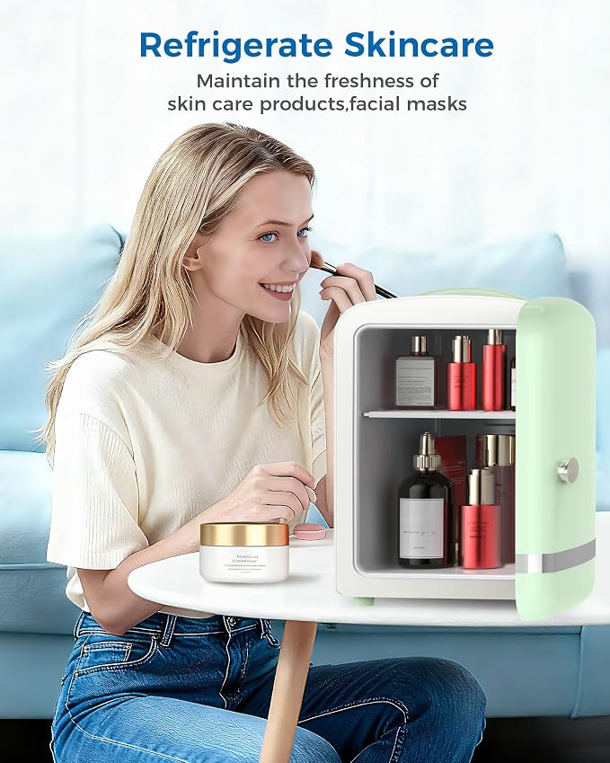Electactic Mini Fridge for Skincare, 4L/6 Cans Small Cosmetic Fridge for Makeup & Beverage, Portable Desk Fridge Cooler and Warmer for Kids, Bedroom, Countertop, Green
