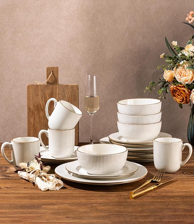 GBHOME Ceramic Dinnerware Sets,16 pcs Embossed Elegant Stoneware Plates and Bowls Sets, Housewarming Wedding Gift | Dishwasher & Microwave Safe | Dishes Set Service for 4