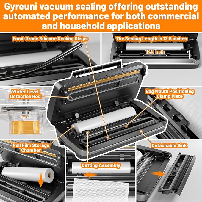 Gyreuni 95Kpa Vacuum Sealer Machine for Food with Bags, 12-in-1 Food Saver Vacuum Sealer with Double Heat Seal, Built-in Cutter,Accessory Hose, Bag Storage,10 Bags, 1 Bag Roll & Marker Pen,App Control