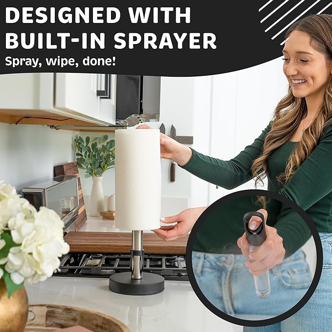 Stainless Steel Paper Towel Holder with Spray Pump – One-Handed Tear, Smart Traction System, 5 oz Sprayer Bottle, Heavy Duty Suction Cups, Weighted Base, Kitchen Towel Dispenser for Countertop Use