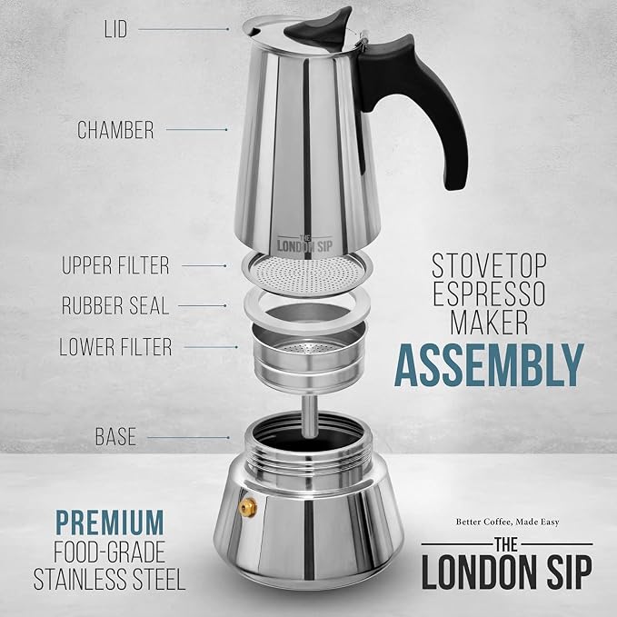 London Sip Stainless Steel Stovetop Espresso Maker Moka Pot Italian Coffee Percolator, Matte Black, 10 Cup