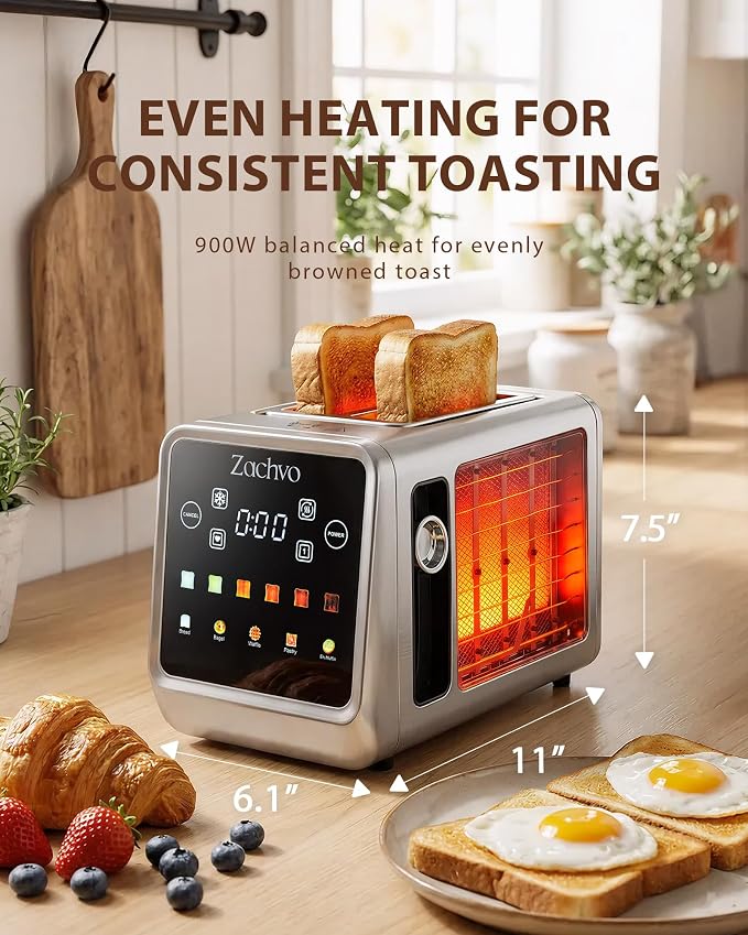 2 Slice Toaster with Smart Touchscreen & Digital Countdown Timer, 1.5" Wide Slot Toaster for Bagels & Bread, 6 Shade Settings, Memory, Defrost & Reheat, Slim Stainless Steel Design for Kitchen