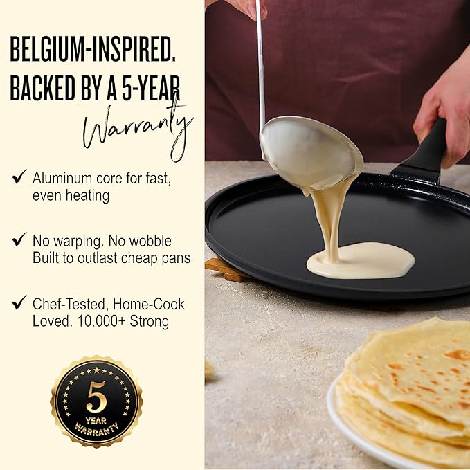 Alva Ceramic Nonstick Crepe Pan, 11 Inch Flat Griddle Pan for Crepes, Pancakes, Eggs & Tortillas, PFAS-Free Aluminum Frying Pan, Induction Compatible, Black
