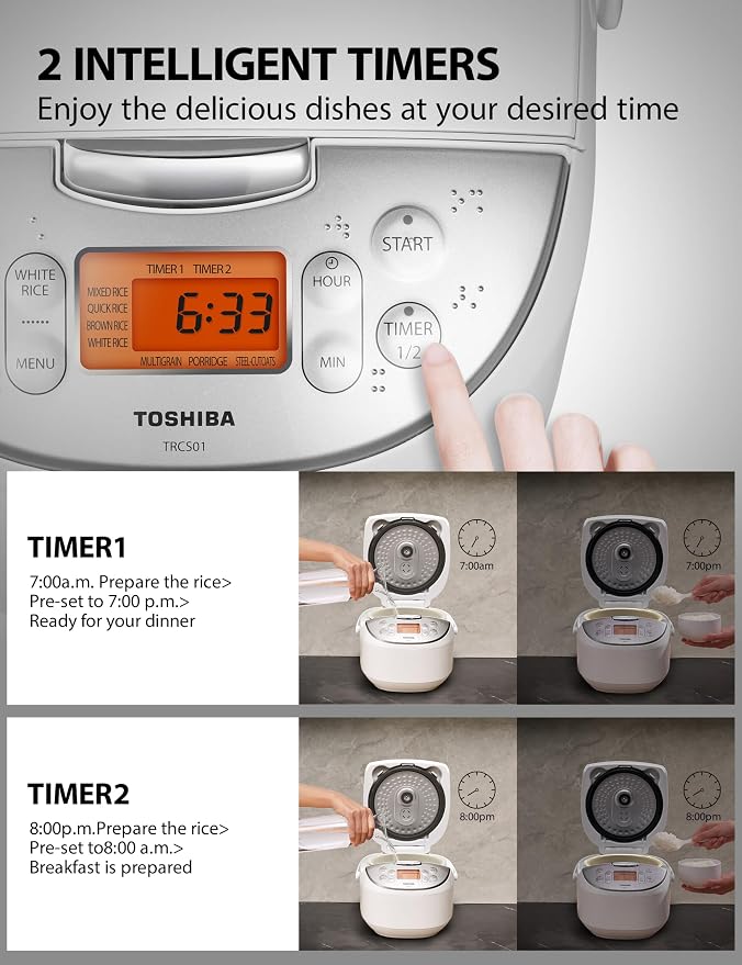 Toshiba Rice Cooker 6 Cup Uncooked – Japanese Rice Cooker with Fuzzy Logic Technology, 7 Cooking Functions, Digital Display, 2 Delay Timers and Auto Keep Warm, Non-Stick Inner Pot, White