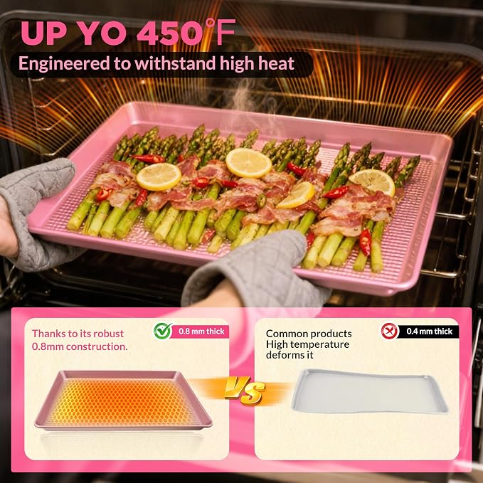 Professional Non-Stick Baking Sheets Set, 3-Piece Heavy Duty Carbon Steel Cookie Sheets with Oven Safe & Even Heating for Baking, Roasting, Cooking (Pink)