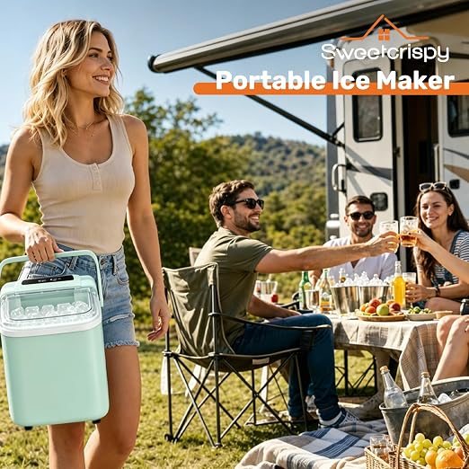 Sweetcrispy Countertop Ice Maker with Scoop, Basket and Handle, Portable Ice Machine 9 Cubes Ready in 6 Mins, 26.5lbs in 24Hrs, 2 Sizes for Home Kitchen Office Bar Party