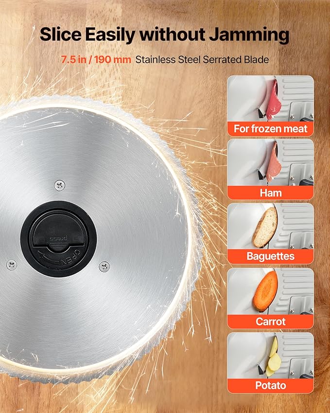 VEVOR Meat Slicer, 7.5 inch 200W Electric Deli Slicer Machine with SUS420 Blade, 0-0.6 inch Adjustable Thickness, ETL Certified Home Food-Slicer for Meat, Ham, Baguett, Steak