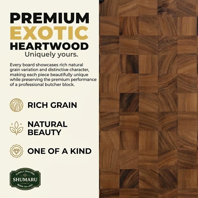 SHUMARU 17.3 × 12.6 × 2" End Grain Cutting Board, Professional Family Size Butcher Block, Thick Exotic Heartwood Chopping Block, Knife-Friendly Wood Cutting Board with Side Handles & Non-Slip Feet