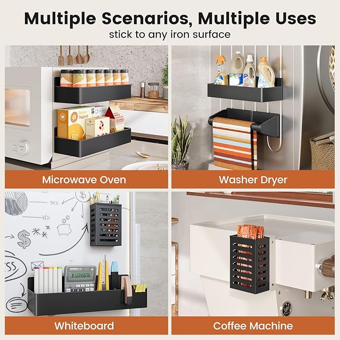 Magnetic Spice Rack for Refrigerator,6 Pack Magnetic Shelf,Fridge Magnet Organizer with Paper Towel Holder,Utensils Racks,Hook Rack,Deepened Basket,Fridge Organizers and Storage Black(6 Pack)