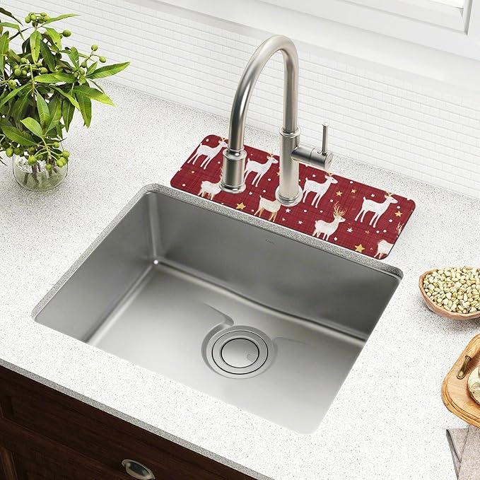 Kitchen Sink Splash Guard 2 PCS 30 Inch Sink Faucet Mat Splash Guard for Bathroom Countertop Water Absorbent Foldable Cuttable Soft Washable Red Christmas Reindeer Star Dots