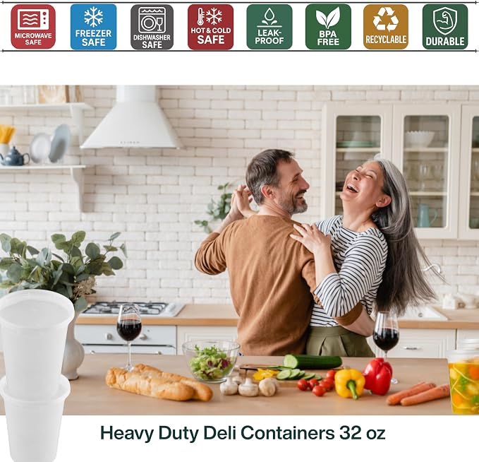 32oz [240 set] Heavy Duty Plastic Deli Container | BPA-Free Food Storage with Airtight Leak‑Proof Lids | Microwave, Freezer & Dishwasher Safe – Stackable, Bulk Reusable Soup & Meal Prep Tub