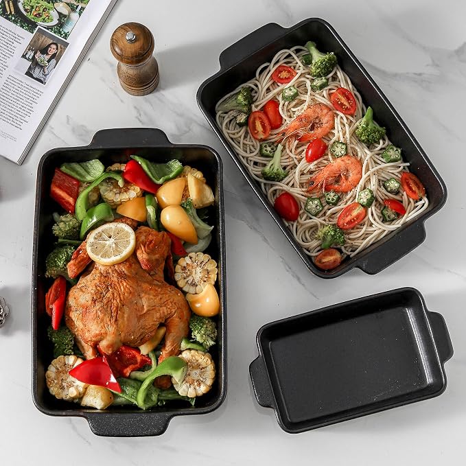 KOOV Bakeware Set, Ceramic Baking Dish, Rectangular Baking Pans Set, Casserole Dish for Cooking, Cake Dinner, Kitchen 9 x 13 Inches, 3-Piece, Stripe Series (Rough Black)