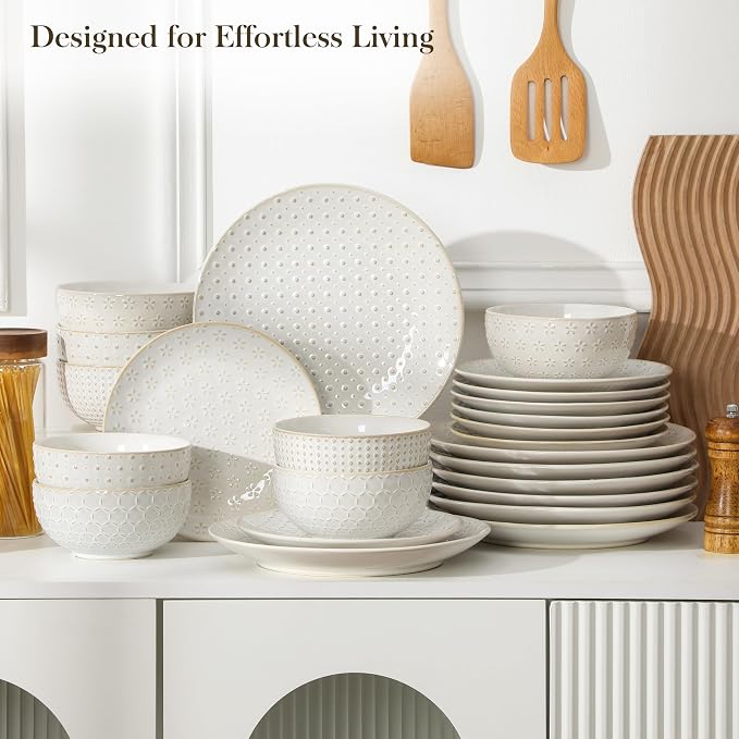 MALACASA 24-Piece Farmhouse Dinnerware Set for 8, Embossed White Stoneware Plates and Bowls Sets, Vintage Relief Ceramic Dish Set, Chip-Resistant, Microwave & Dishwasher Safe