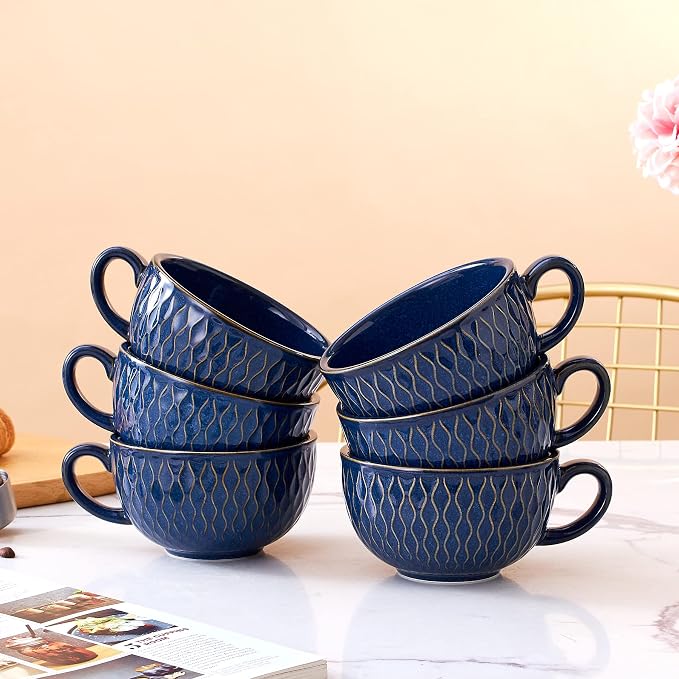 Coffeezone Set of 6 Cups Vintage Design 12 oz Professional Barista Ceramic Latte Art Cappuccino Cups Set (Embossed Blue * 6)