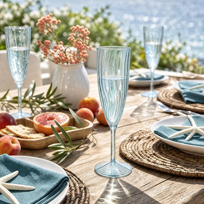 WDF 36PCS Blue Plastic Champagne Flutes - 6OZ Blue Glitter Champagne flutes - Party Supplies for Wedding/Birthday/Baby Shower/Housewarming/Pool party