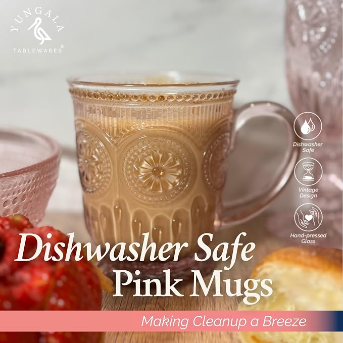 Pink Glass Coffee Mugs Set of 4 – 10oz Aesthetic Pink Glass Mug Set, Real colored glass that is 100% Dishwasher Safe and Lead-Free, think Vintage Tea Cups vibes