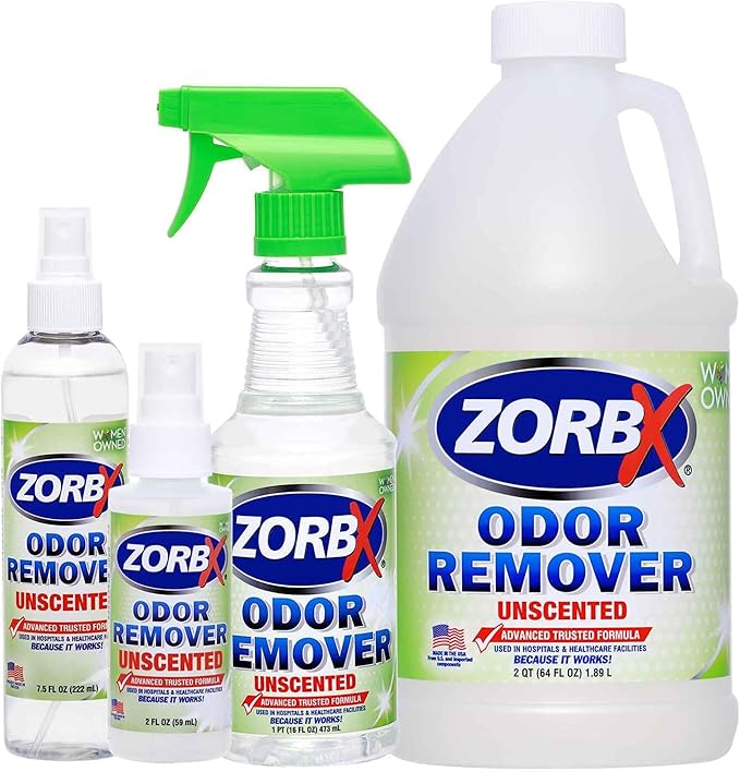 ZORBX Unscented Odor Eliminator for Strong Odor - Used in Hospitals & Healthcare Facilities | Advanced Formula, Fast-Acting Odor Remover Spray for Dog, Cat, House & Carpet (16Oz + 7.5Oz + 2Oz + 64 Oz)