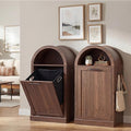 Arched Tilt-Out Trash Can Cabinet Set of 2,Laundry Hamper Cabinet with Foldable Laundry Basket,Wooden Hidden Garbage Can Cabinets with Metal Handle & Hooks,Walnut