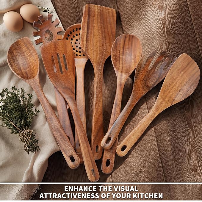 9 PCS Kitchen Utensils Set - Wooden Spoons for Cooking, Natural Teak Wooden Utensils - Includes Wooden Spoons, Spatula Set, Slotted Spoon - Handmade Wooden Spoon Set