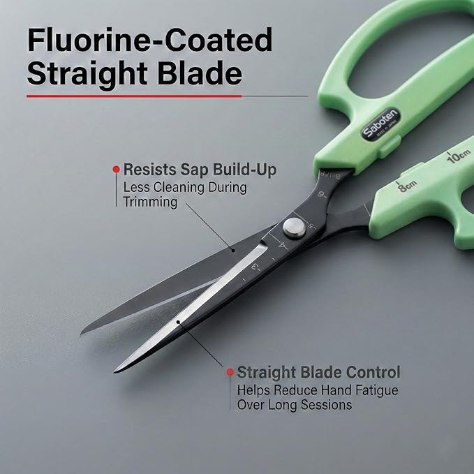 Saboten Fluorine Coated Straight Blade Trimming Scissors Green PT-1 160mm Precision Gardening Bonsai and Floral Shears Made in Japan