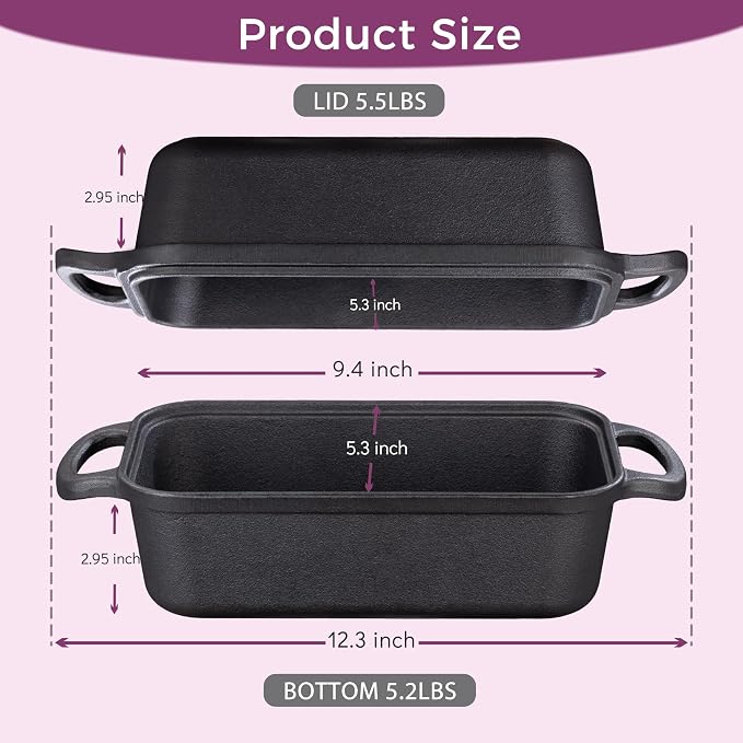 Cast Iron Loaf Pan with Lid 9x5 Inch, 2 in 1 Loaf Pans for Baking Bread, Even Heat Distribution for Sourdough, Homemade Bread
