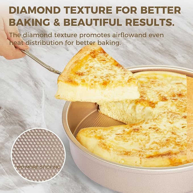 HONGBAKE Nonstick Ceramic 9 Inch Round Cake Pan Set of 2, Heavy-Duty Aluminized Steel Round Cake Pans with Diamond Texture, Non-Toxic Cake Molds, Cake Pans 9 Inch Round for Baking Cheesecake, Gold
