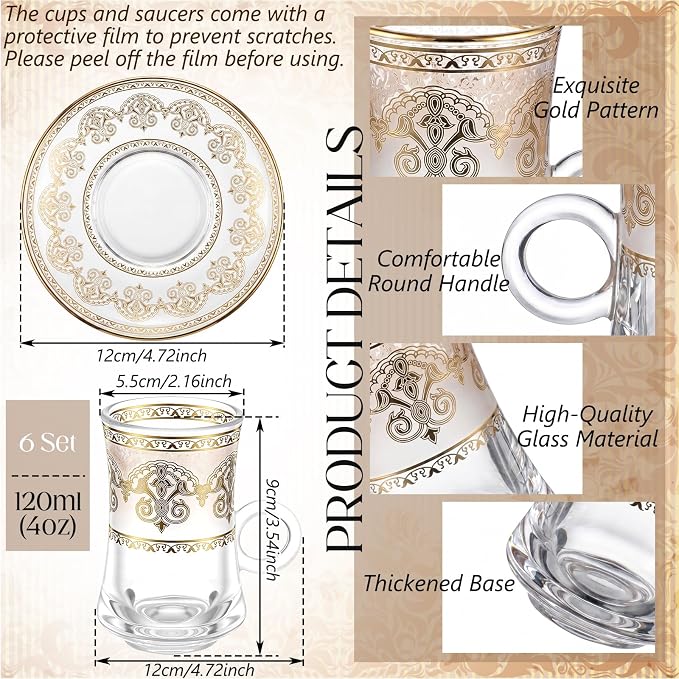 6-Piece Turkish Tea Glasses Cups Saucers Set 4 oz Vintage Gold Pattern Arabic Style Coffee Cups Set Moroccan Persian Coffee Glass Gold Drinkware for Turkish Tea, Espresso Drinking Party