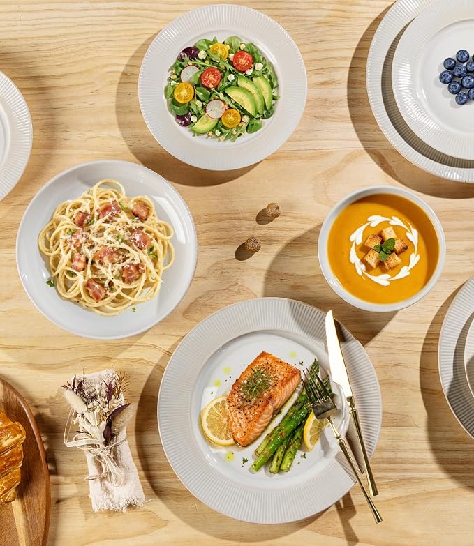 TheTerra Stoneware Dinnerware Sets for 6, 18 Pieces Ceramic Plates and Bowls Sets, Scratch Resistant Embossed Dish Set, Oven, Microwave & Dishwasher Safe, Cream White