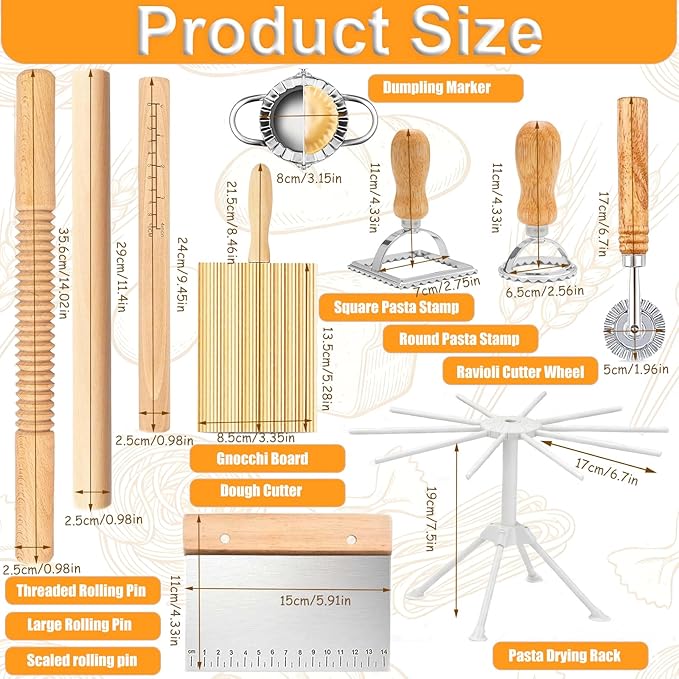 10pcs Pasta Making Tools, Wood Pasta Making Kit with Pasta Drying Rack,Rolling Pins,Gnocchi Board,Dough Cutter,Ravioli Cutter,Pasta Stamps,Making Dumplings .Pasta Making Accessories for Home