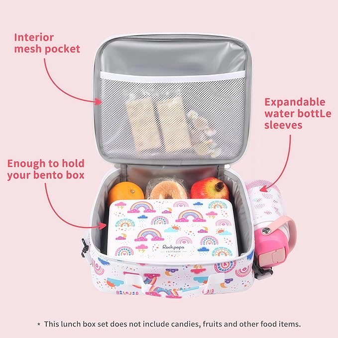 rockpapa Kids Lunch Box Set with 14oz Insulated Water Bottle & Lunch Bag, Leakproof 5.5 Cups Bento Box for School & Children, BPA-Free, Microwave Safe for Boys Girls (White Rainbow)