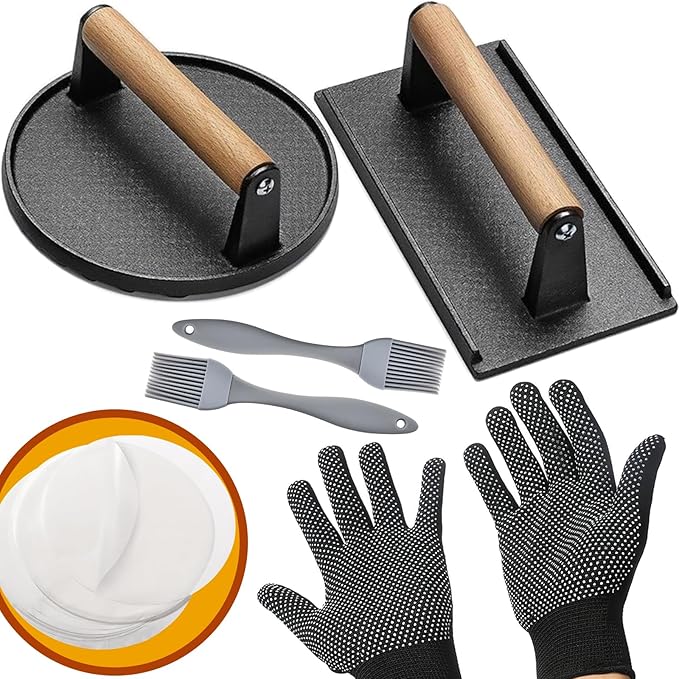Smash Burger Press Kit 56 Pcs,grill press,7.9 Inch Cast iron hamburger smasher tool,Wood Handle Grill Press with and Griddle Accessories,Barbecues and Tailgates
