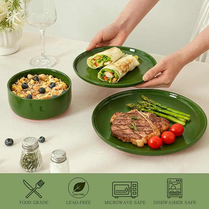 Stoneware Cereal and Soup Bowls Set of 4, 6-Inch Dual Glaze Ceramic Bowls for Breakfast & Oatmeal, Microwave and Dishwasher Safe, Forest Glaze Green