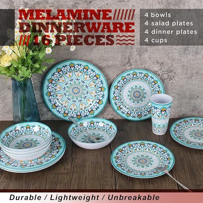 Melamine Dinnerware Set for 4-16 Pcs:Camping Dishes Set with Dinner Plates,Salad Plates,Bowls and Cups.Lightweight and Unbreakable.Indoor and Outdoor Use.