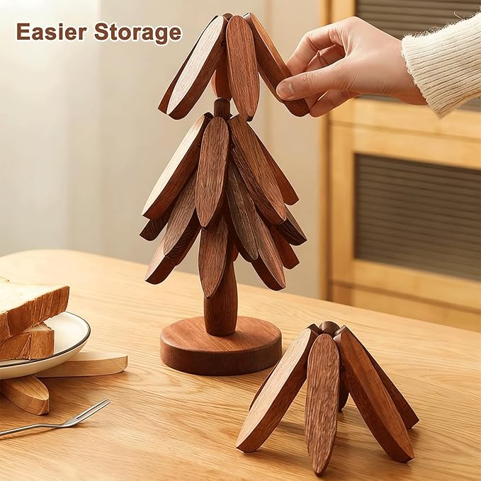 Natural Tree Trivet Set - Natural Foldable Kitchen Trivets, Handmade Wooden Hot Pad Holder for Plates, Pots, Pans, Cup, Kitchen Dining Table Protection (Brown, S)