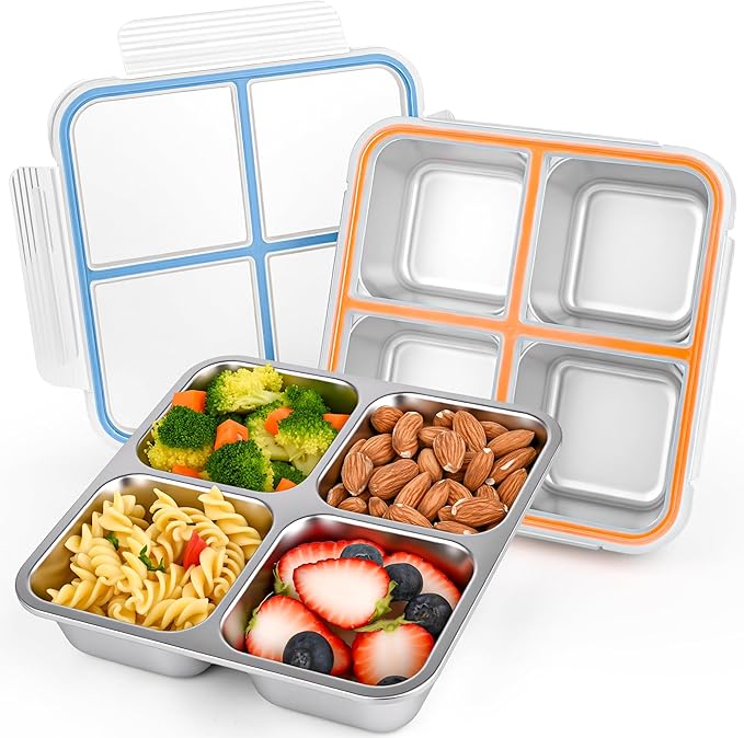 2 Pack Stainless Steel Snack Containers with Lids, Leakproof 4 Compartment Bento Lunch Boxes, Reusable Metal Meal Prep Food Storage Containers, Dishwasher Safe for Work, Travel, Picnic