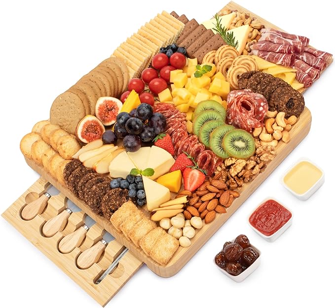 Charcuterie Board Set - FamRica Cheese Board with 2 Drawers, Bamboo Cheese Tray Serving - Unique, Wedding, Housewarming, Birthday Gifts