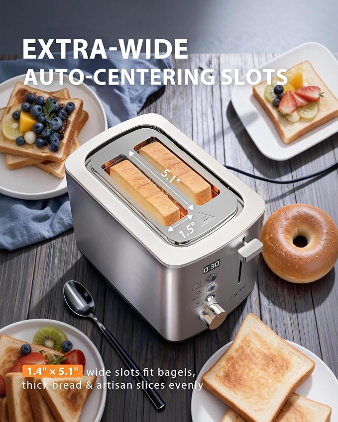 2 Slice Toaster with Wide Slots for Bread & Bagels, Stainless Steel Toaster with Digital Countdown, 6 Shade Settings, Defrost, Reheat & Cancel, Compact Design for Kitchen