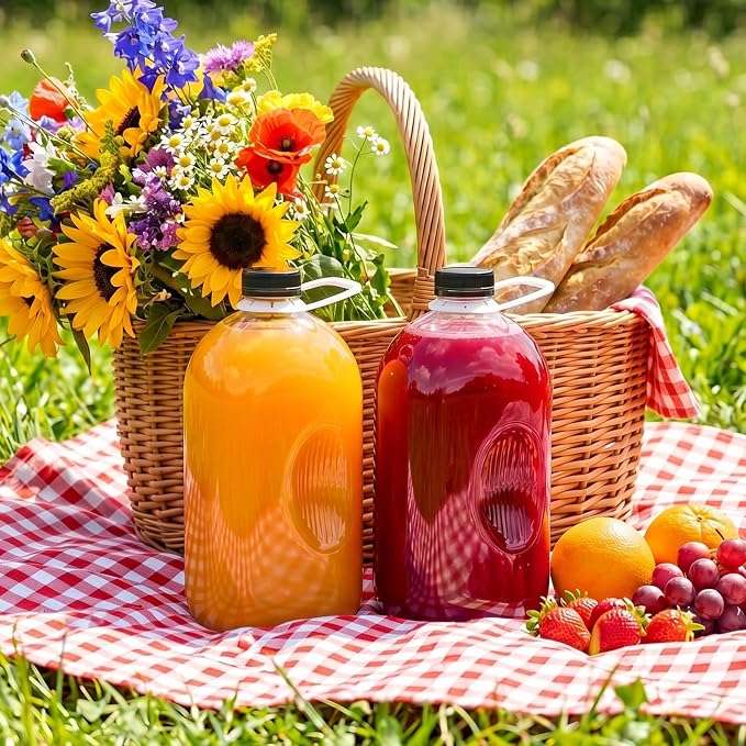 TOMNK 6pcs Juice Bottles, 64oz Reusable Plastic Juice Bottles with Caps and Labels, Funnel, Brush Beverage Containers for Juicing, Smoothies, Tea, Milk