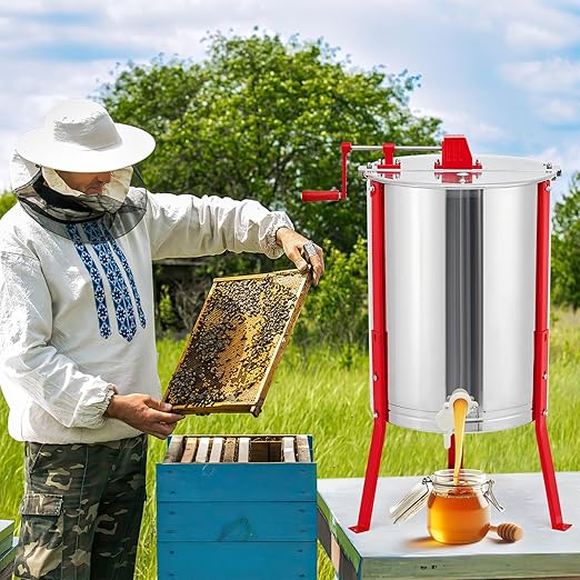 4 Frame Honey Extractor, Manual Stainless Steel Beekeeping Equipment, Honeycomb Drum Spinner with Transparent Lid & Adjustable Stand for Apiary Home Kitchen
